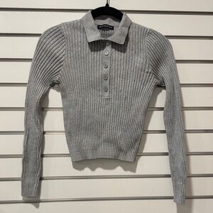 Brandy Melville Grey Ribbed Polo Long Sleeve Top